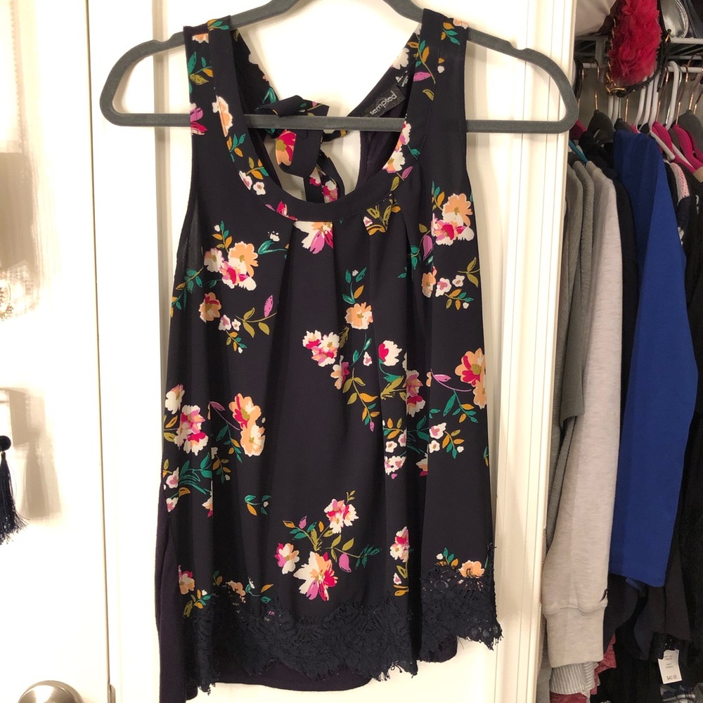 Tempted Navy Flower detail sleeveless shirt